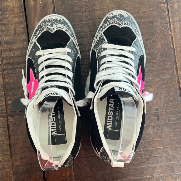 Golden Goose Mid Star Sneakers Black Suede Pink Star Metallic Women's Size 36 - Picture 5 of 9